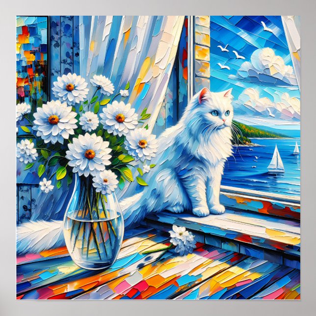 White Cat in Window sill Looking out at the Ocean Poster (Front)