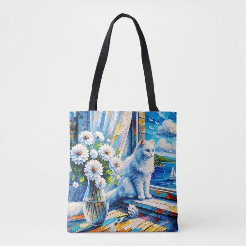 White Cat in Window sill Looking out at the Ocean Tote Bag