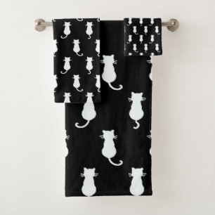 White Cat Isolated on Black Polka Dot Pattern Bath Towel Set