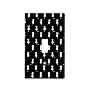 White Cat Isolated on Black Polka Dot Pattern Light Switch Cover
