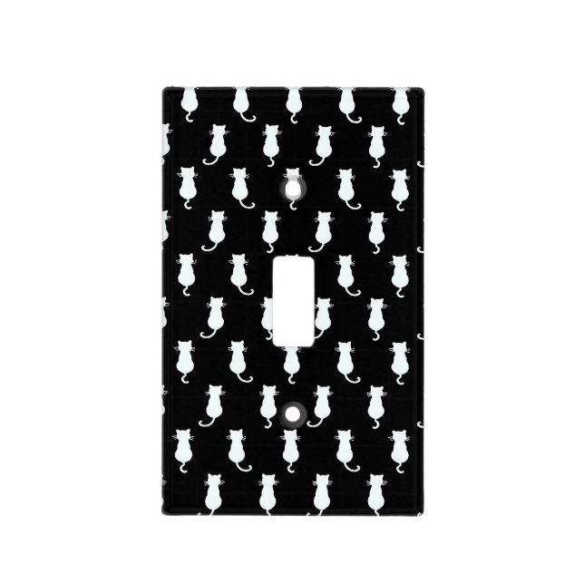 White Cat Isolated on Black Polka Dot Pattern Light Switch Cover (Front)