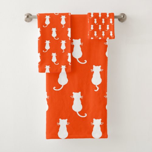 White Cat Isolated on Orange Polka Dot Pattern Bath Towel Set