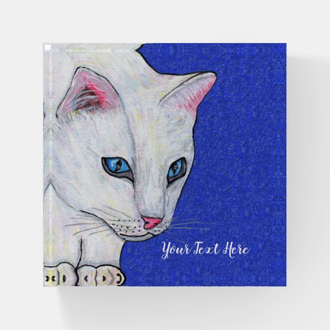 White Cat Light Blue Eyes on Sparkle Blue Paperweight (Front)