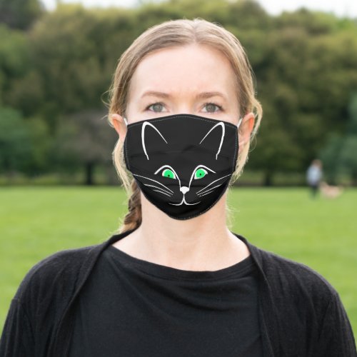 White Cat Line Art in Black Background ZKOA Adult Cloth Face Mask