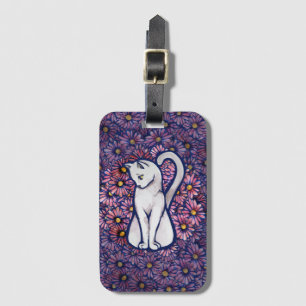 White Cat Mauve Daisies Luggage Tag