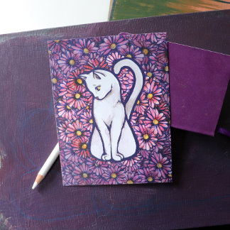 White Cat Mauve Daisies                            Postcard