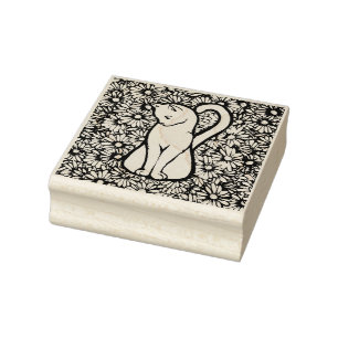 White Cat Mauve Daisies Rubber Stamp