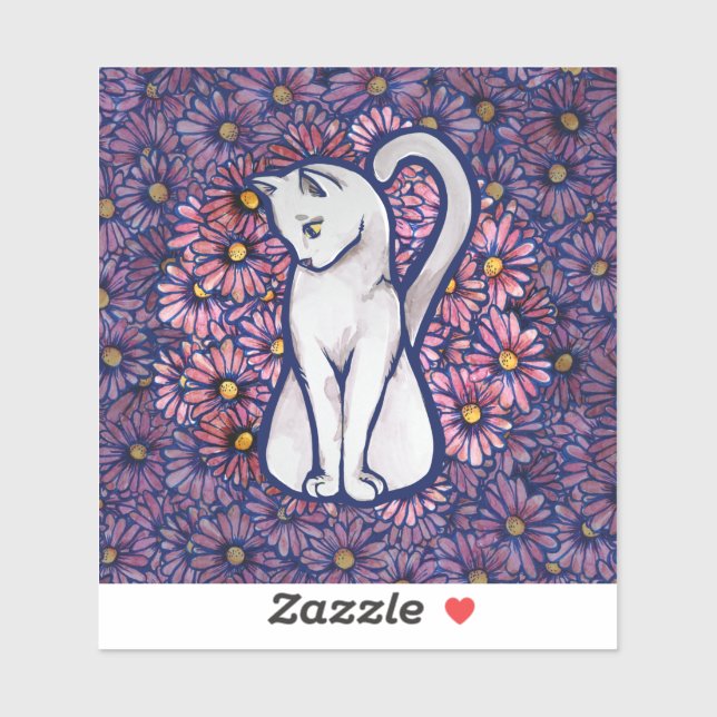 White Cat Mauve Daisies                     Sticker (Sheet)