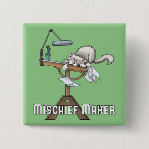 White Cat Mischief Maker  Button