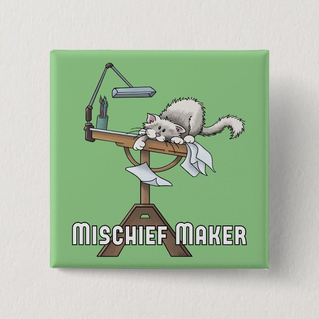 White Cat Mischief Maker  Button (Front)
