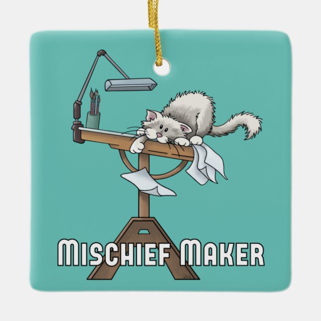 White Cat Mischief Maker   Ceramic Ornament (Front)