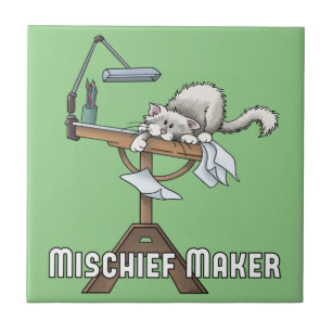 White Cat Mischief Maker Ceramic Tile