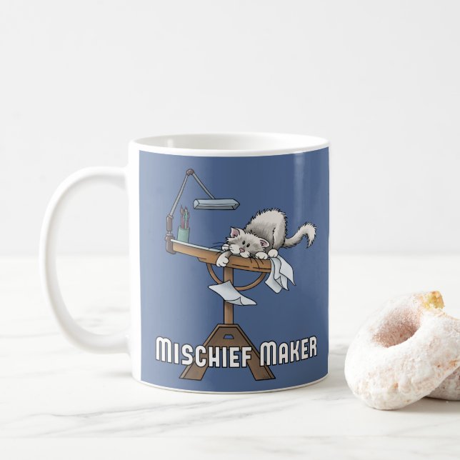 White Cat Mischief Maker Coffee Mug (With Donut)