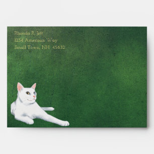 White Cat on a Dark Green Envelope