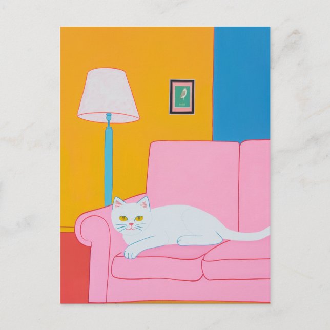 White Cat on a Pink Couch Postcard (Front)
