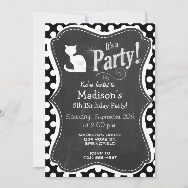 White Cat on Black and White Polka Dots Invitation (Front)