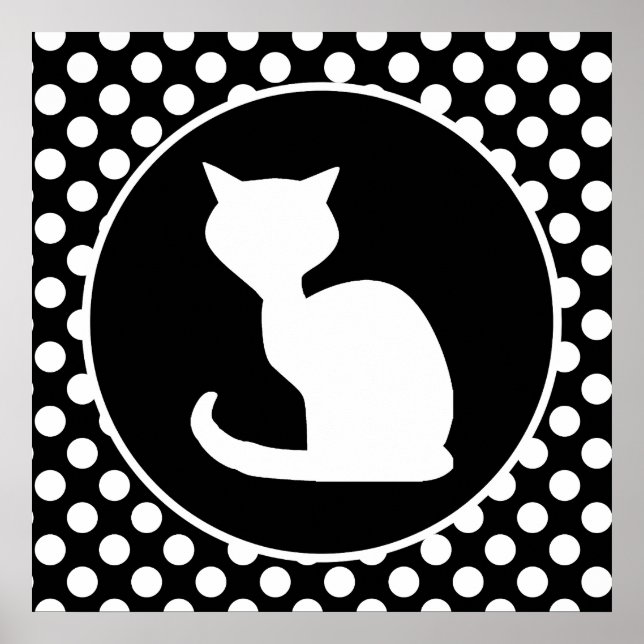 White Cat on Black and White Polka Dots Poster (Front)