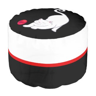 White Cat on Black Red & White Pouf