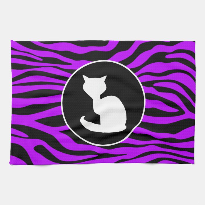 White Cat on Electric Purple Zebra Stripes Kitchen Towel