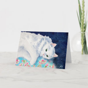 White cat on floral quilt card