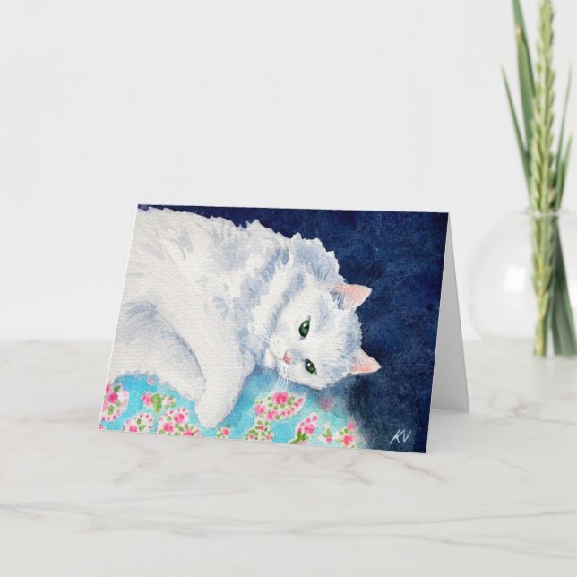 White cat on floral quilt card (Front)
