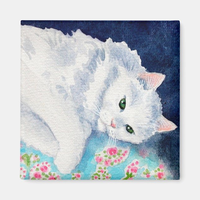 White cat on floral quilt magnet (Front)