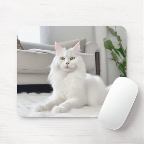 White Cat On Fur Rug Mouse Pad
