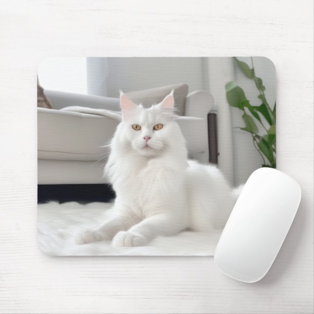 White Cat On Fur Rug Mouse Pad (With Mouse)