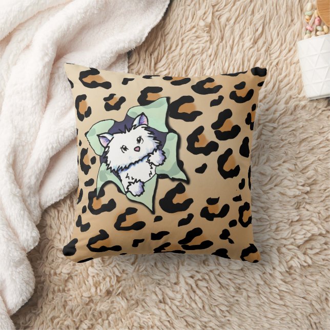 White Cat On Leopard Print Throw Pillow (Blanket)