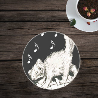 White Cat on Piano Keys Coaster