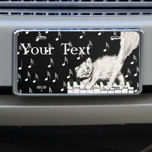 White Cat on Piano Keys Music Notes License Plate