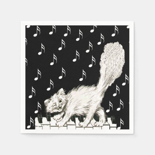 White Cat on Piano Keys Music Notes Napkins