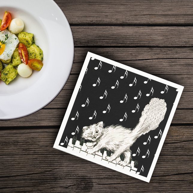 White Cat on Piano Keys Music Notes Napkins (White winking cat walking on piano keys music notes on black and white paper party napkins.)