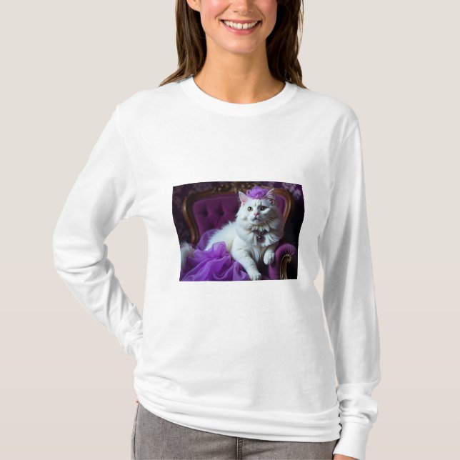 white cat on purple armchair t-shirt (Front)
