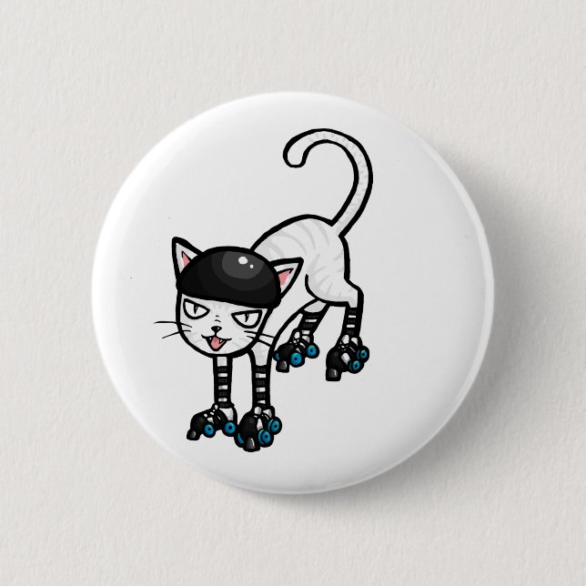 White cat on rollerskates pinback button (Front)