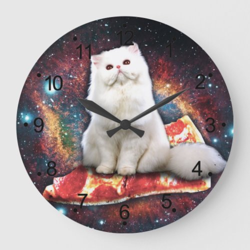 White cat on the pizza large clock