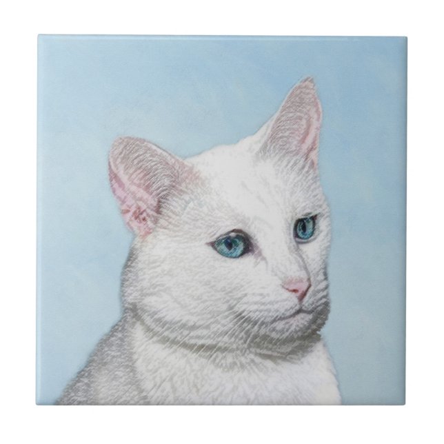 White Cat Painting - Cute Original Cat Art Ceramic Tile (Front)