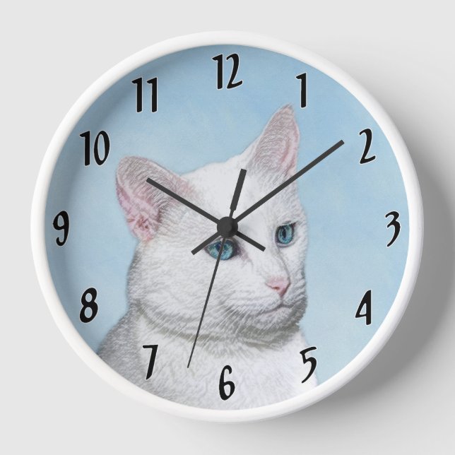 White Cat Painting - Cute Original Cat Art Clock (Front)