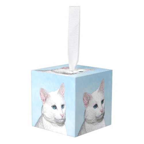 White Cat Painting _ Cute Original Cat Art Cube Ornament