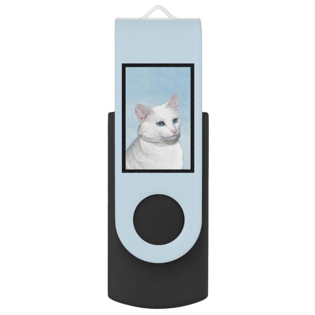 White Cat Painting - Cute Original Cat Art Flash Drive (Back (Vertical))