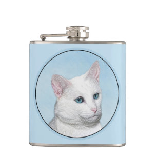 White Cat Painting - Cute Original Cat Art Flask