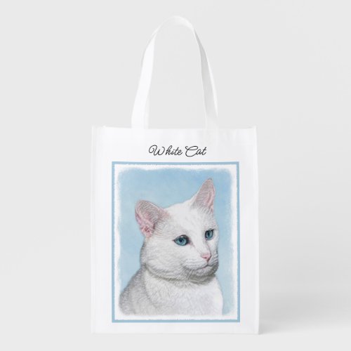 White Cat Painting _ Cute Original Cat Art Grocery Bag
