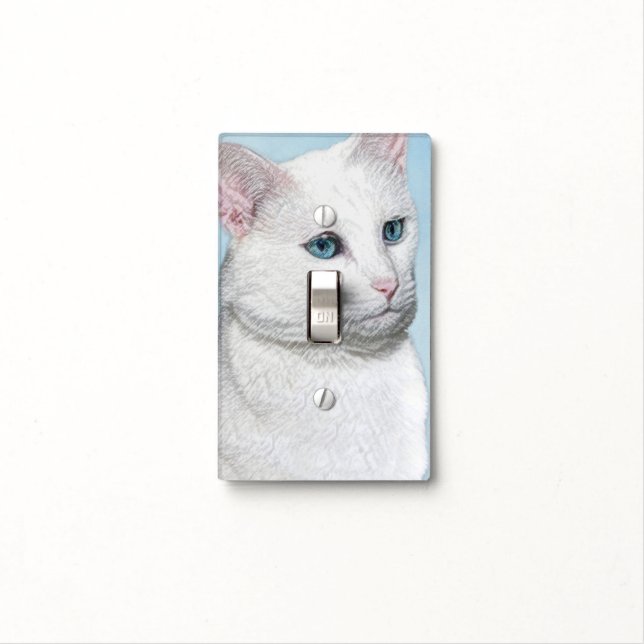 White Cat Painting - Cute Original Cat Art Light Switch Cover (In Situ)