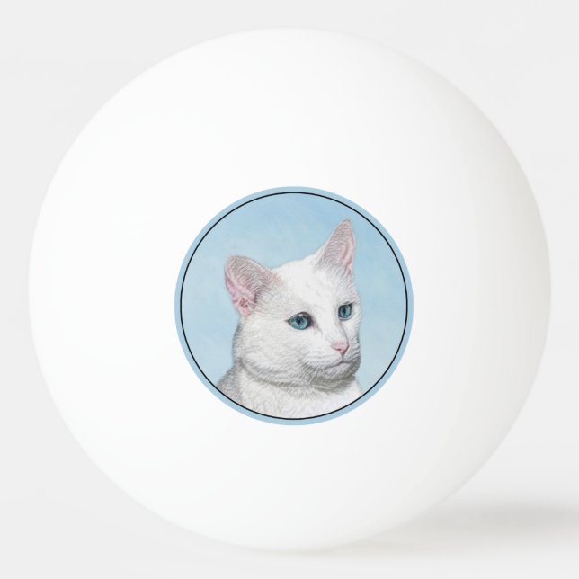 White Cat Painting - Cute Original Cat Art Ping Pong Ball (Front)