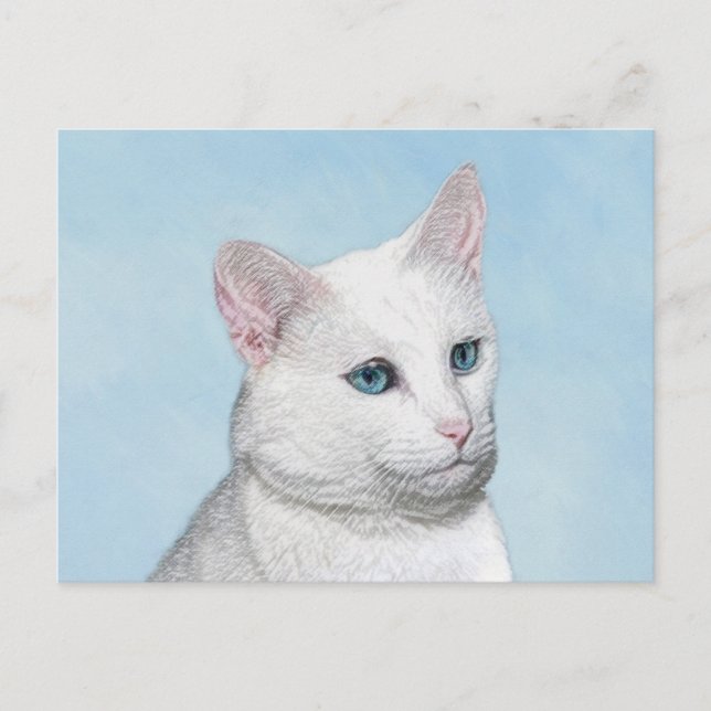 White Cat Painting - Cute Original Cat Art Postcard (Front)