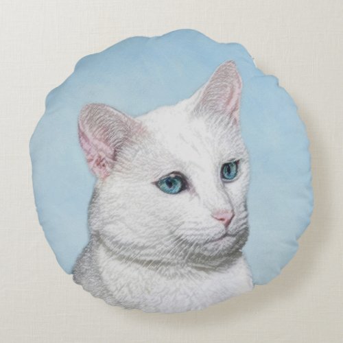 White Cat Painting _ Cute Original Cat Art Round Pillow