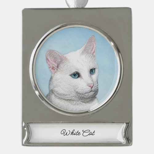 White Cat Painting _ Cute Original Cat Art Silver Plated Banner Ornament