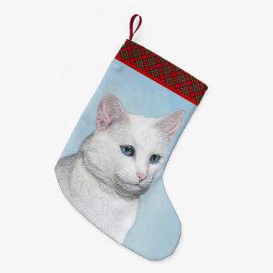 White Cat Painting - Cute Original Cat Art Small Christmas Stocking