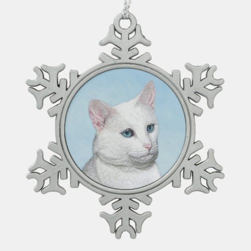 White Cat Painting _ Cute Original Cat Art Snowflake Pewter Christmas Ornament