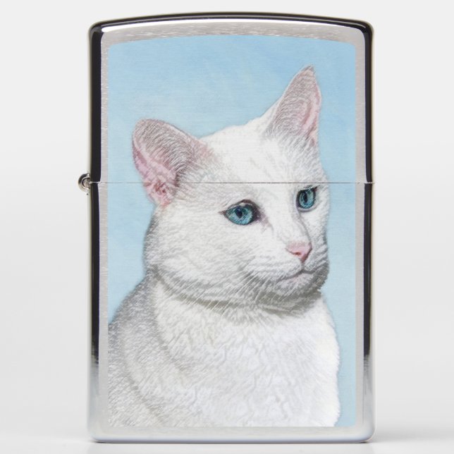 White Cat Painting - Cute Original Cat Art Zippo Lighter (Front)